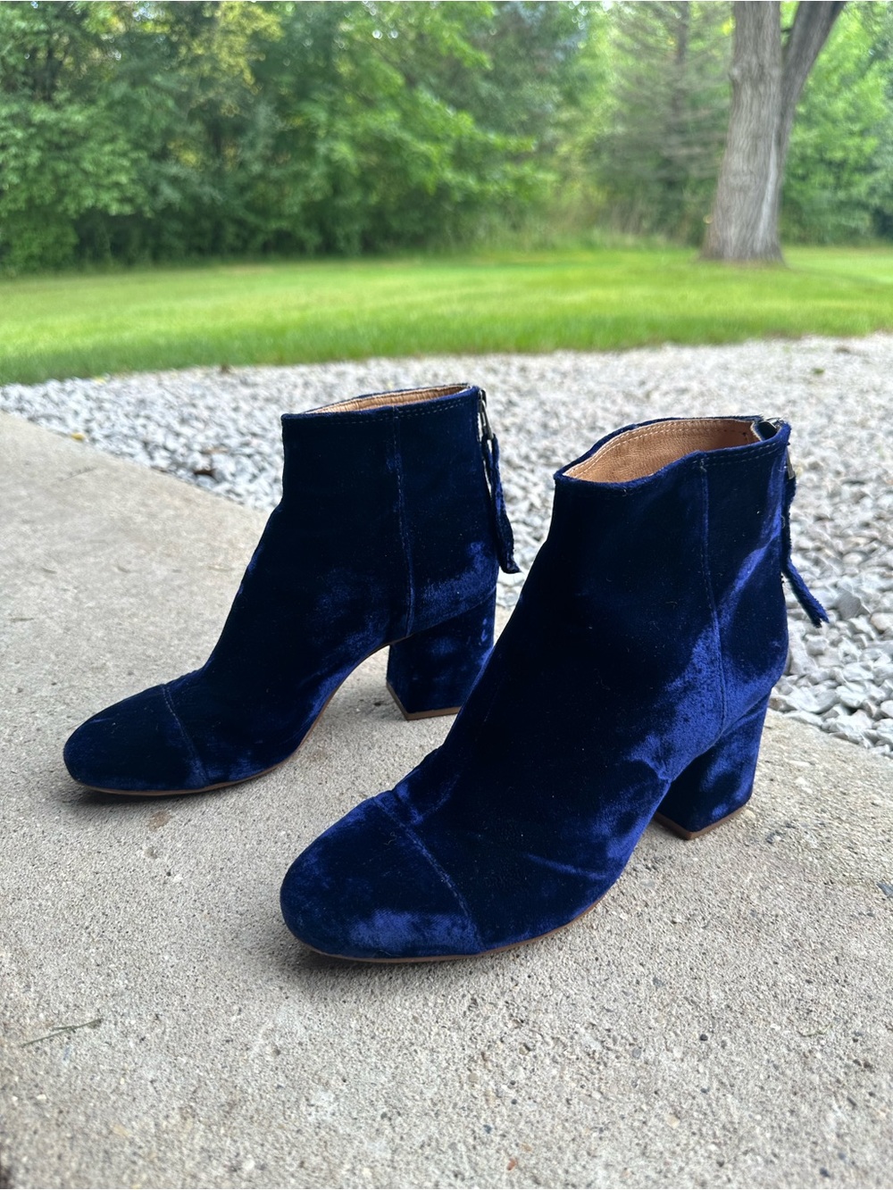 Madewell Navy Velvet Block Heel Booties